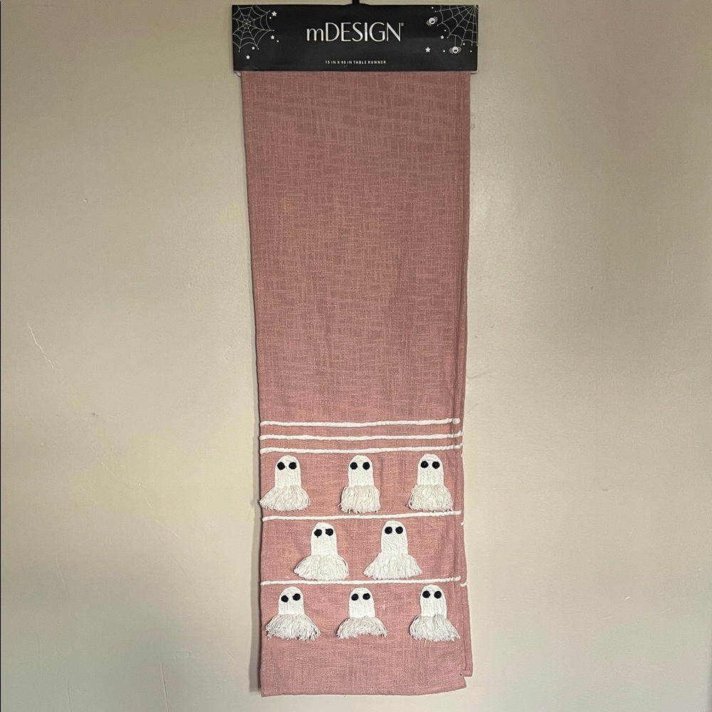 mDesign Halloween Spooky Cute Ghost Soft Pink Fringe Table Runner NWT